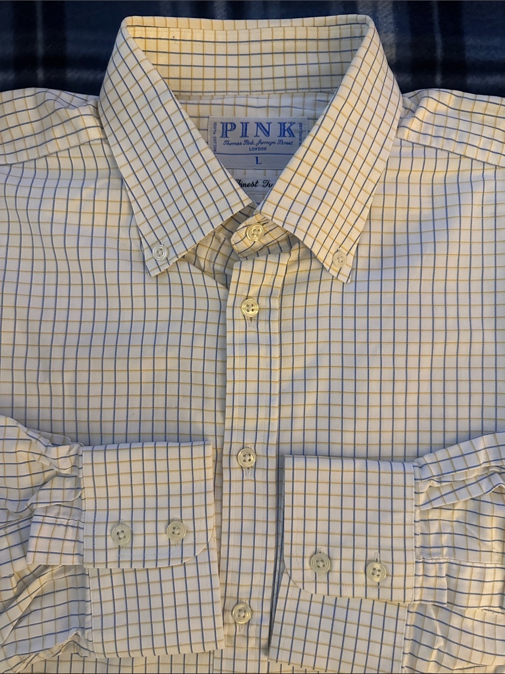 Pink Finest Twill Multicolor Check Yellow Pattern Men’s Dress Shirt Size L